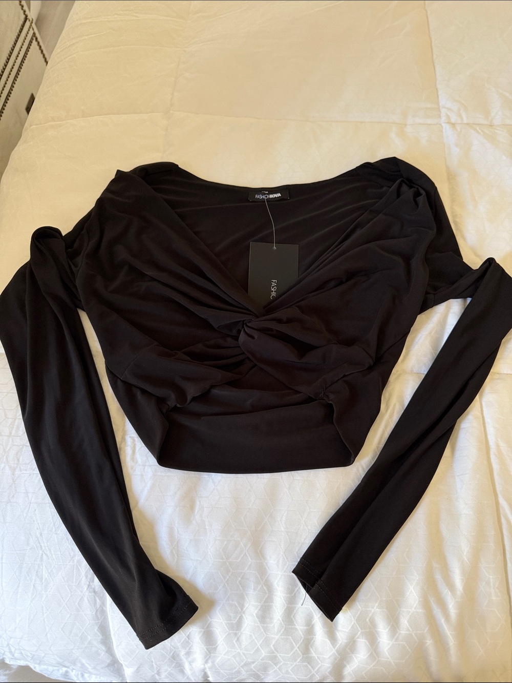 Fashion Nova Black Long Sleeve Twist-Front Top